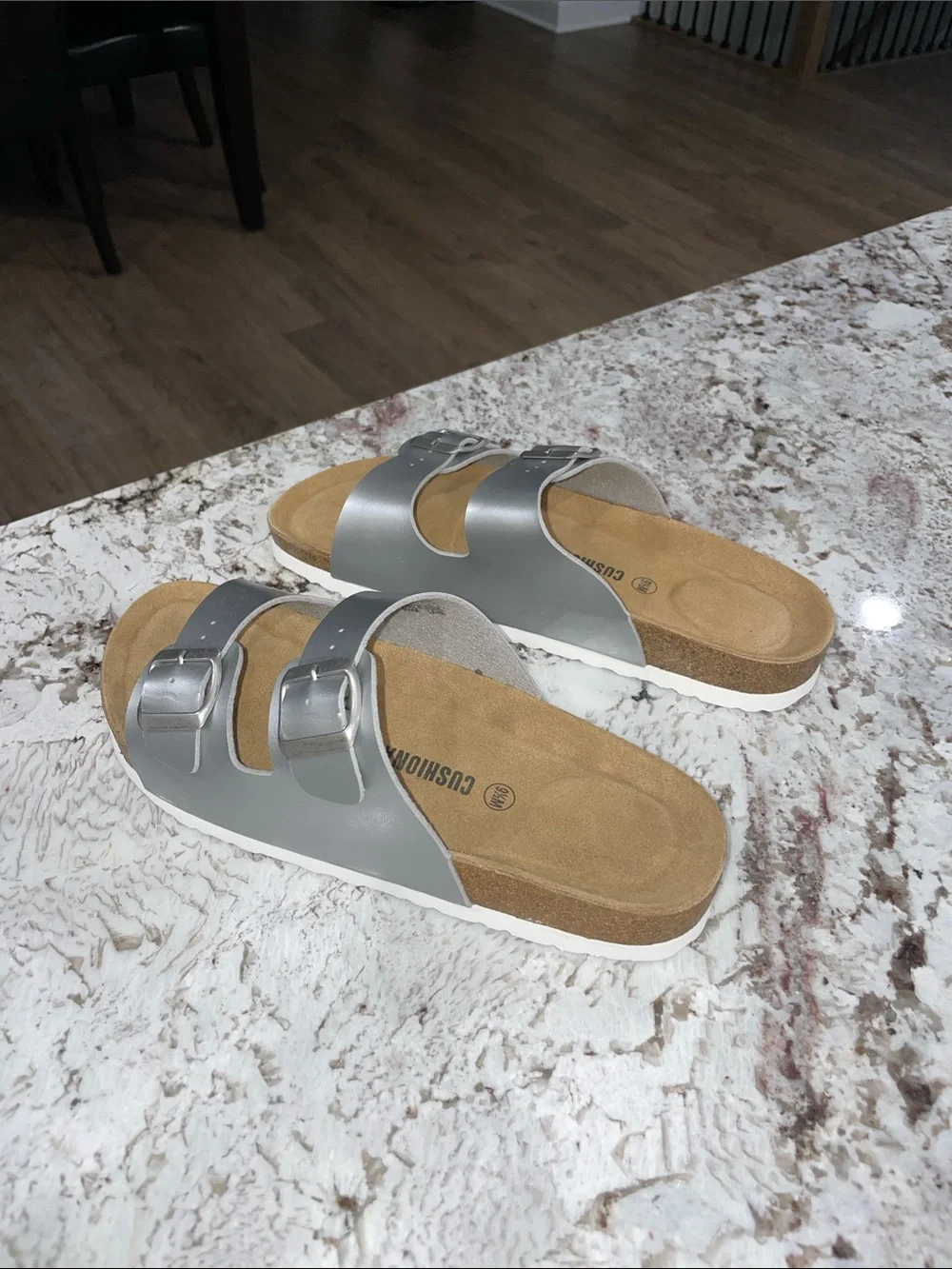 Women’s Double-Buckle Slide Sandals in Silver